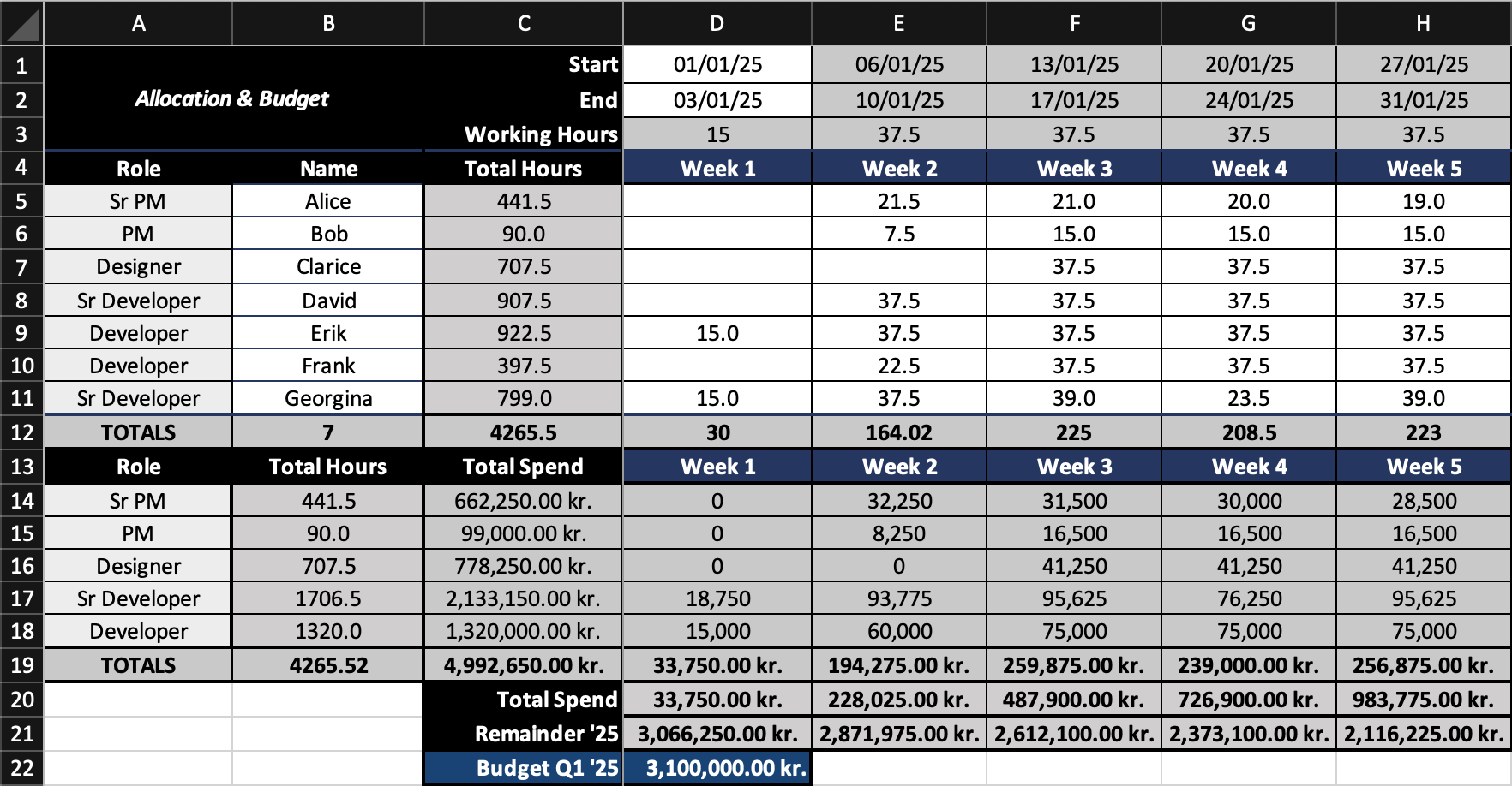 Screenshot of an Excel-based budget sheet